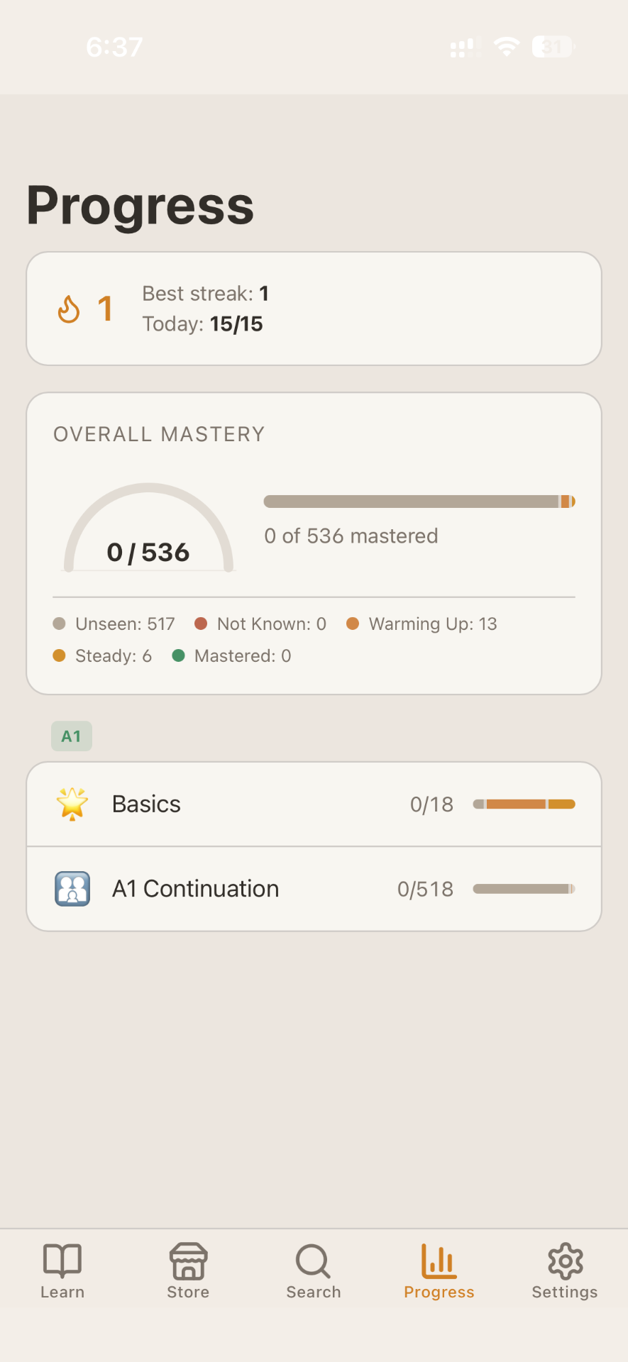 Progress screen with streak and mastery