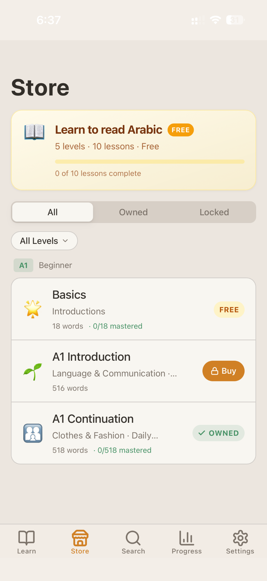 Store showing available Arabic learning packs